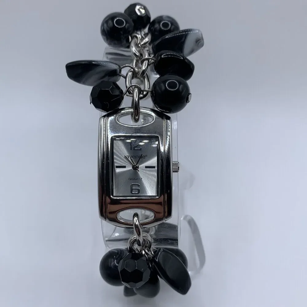 Vintage AVENUE Womens Silver Tone Black Gray Bead Bracelet Quartz Watch A56